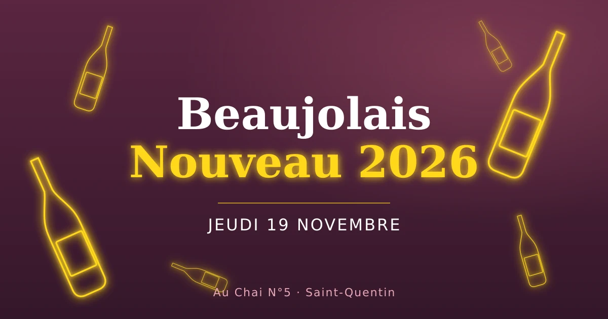 Bouteilles de vin en néon jaune sur fond violet : Beaujolais Nouveau 2026, jeudi 19 novembre